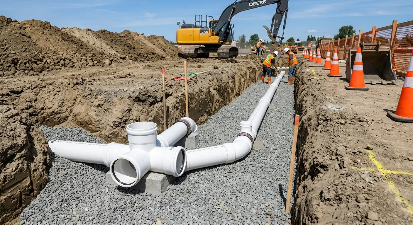 New PVC sewer pipe installation in open trench for Commercial Drain Cleaning in Gulf Breeze