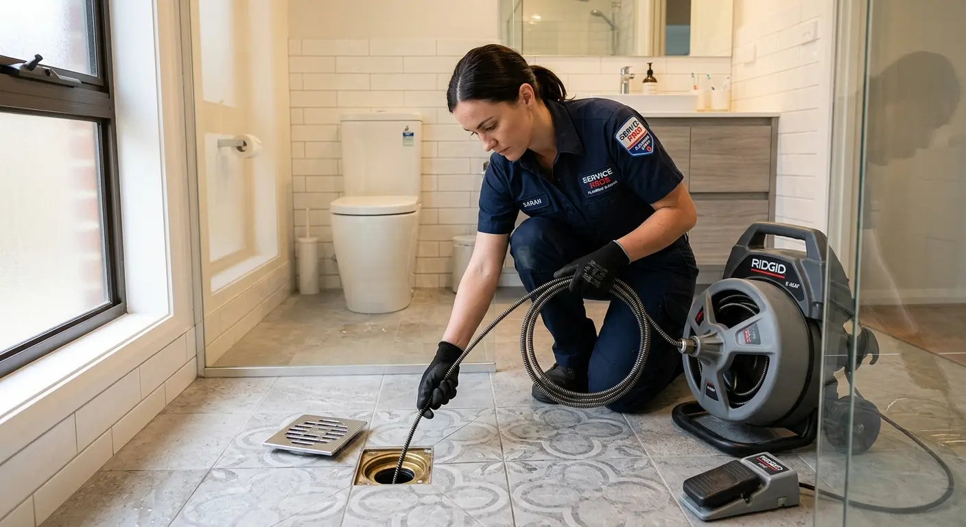Technician clearing a bathroom floor drain for Hydro Jetting in Gulf Breeze